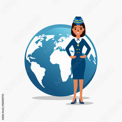 Cartoon illustration of a smiling flight attendant in uniform standing in front of a globe.