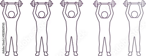 Line art illustration person lifting barbell overhead in five stages of motion