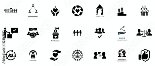 Community icon set. Containing people, friendship, social, diversity, village, relationships, support and community development icons. Solid icon collection.