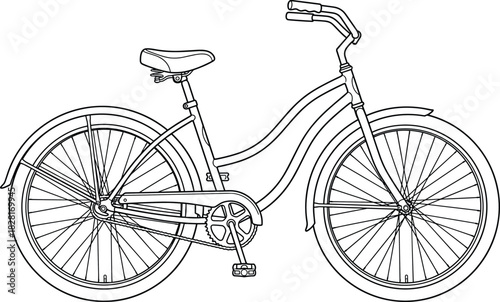 Classic Beach Cruiser Bicycle Line Art Illustration, Coloring Page Outline, Retro Style, Vintage City Bike, Simple Vector Graphic