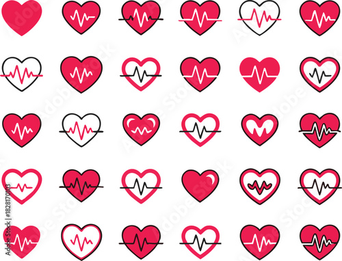 Red heartbeat line collection with heart symbol, cardiology, medical pulse, ECG, EKG design, healthcare clipart vector illustration, health monitoring, digital heartbeat graphics