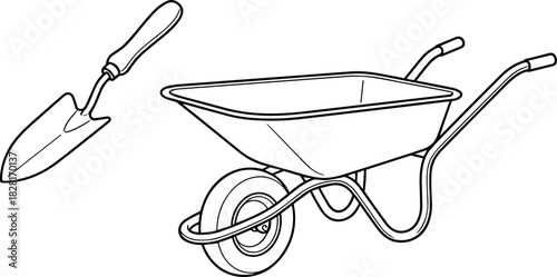 Black and white vector illustration of essential gardening tools, including a hand trowel and a wheelbarrow, symbolizing agriculture, cultivation, and landscaping equipment.