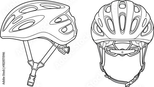 Detailed Black and White Line Art Drawing of Modern Vented Bicycle Helmet, Safety Gear Essential for Cyclists, Front and Top View Isolated Vector Outline