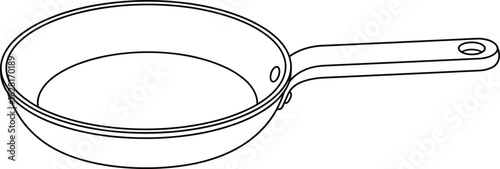 Empty kitchen frying pan line art drawing isolated white background, cooking, food preparation, utensil vector illustration, kitchenware.
