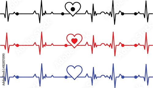 Heartbeat pulse lines with heart symbols in black red and blue colors