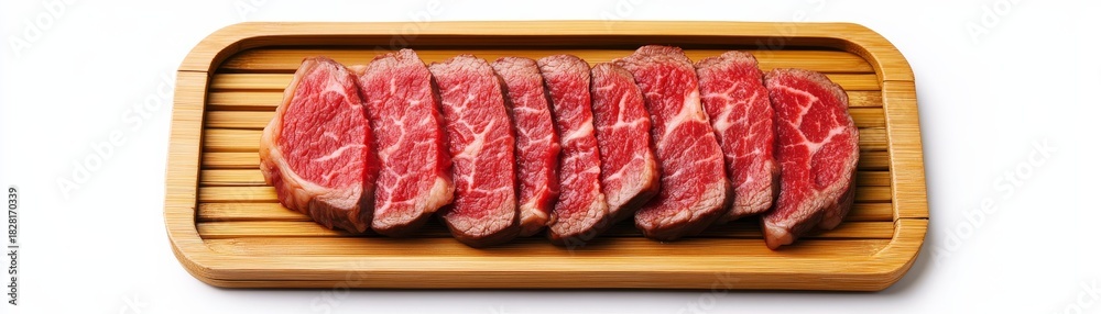 Fototapeta premium Sliced Rare Beef Steak on Wood Tray, Food Photography, Meat Dish ,Steakhouse