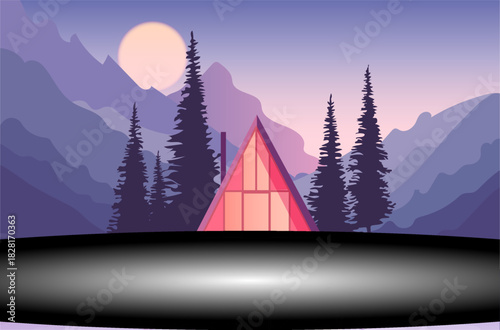 This tranquil scene features a cozy cabin nestled among tall pine trees. The mountain backdrop is illuminated by a soft pastel sunset, creating serene reflections in calm water