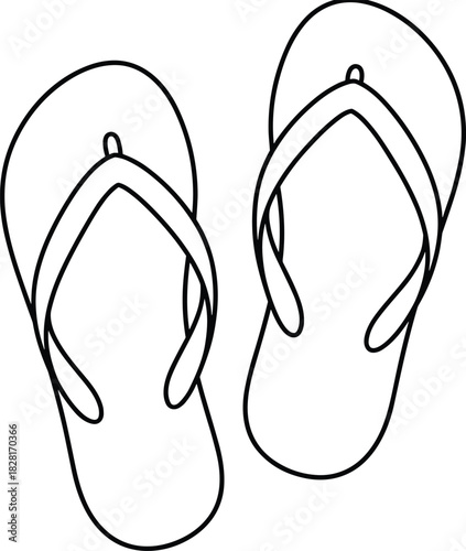 Black and White Outline Drawing of a Pair of Casual Beach Flip Flops, Sandals, or Thongs for Summer Vacation, Travel, and Footwear Clipart.
