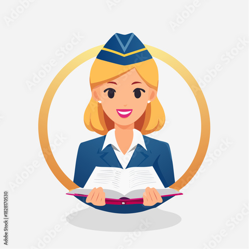 Smiling blonde flight attendant in uniform reading a book, inside a golden circle.