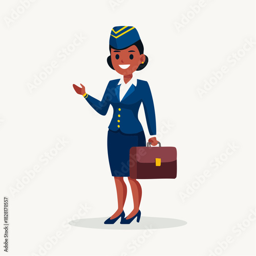 A smiling flight attendant in a blue uniform, holding a briefcase, gesturing with her hand.