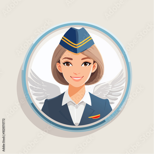 Elegant female flight attendant portrait with delicate wings, professional, on light grey background.