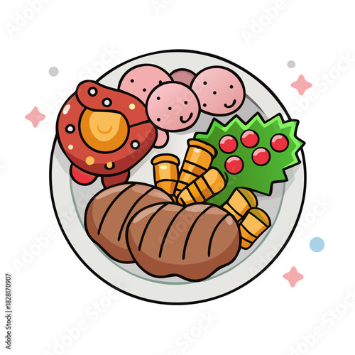 Christmas lunch incorporating topside beef, roast potatoes, glazed carrots, Brussels sprouts and pigs in a blanket