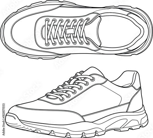 Technical drawing detailed illustration of modern athletic running sneaker for fashion, fitness, and casual sport footwear design template, front and top view
