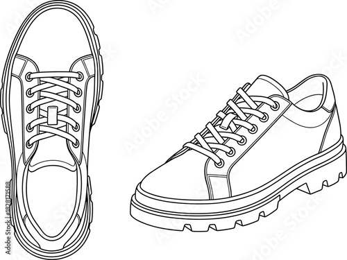 Fashionable chunky sole sneaker technical drawing, casual shoe illustration with lug sole, top and side view outline, modern urban footwear design template, detailed vector blueprint.