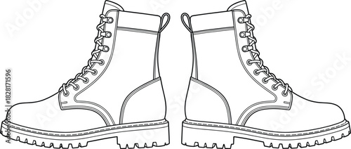 Heavy Duty Work Boots, Safety Footwear, High-Cut Lace-Up Industrial Shoes, Vector Outline Drawing, White Background, Rugged Soles, Durable Protection, Design Element, Construction.