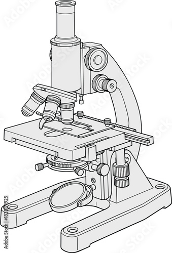 Compound optical microscope technical vector illustration, laboratory equipment for scientific research, detailed line art with gray shading.