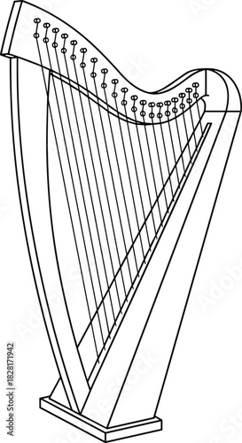 Traditional lever harp technical vector illustration, stringed musical instrument, line art drawing of celtic folk instrument, music.