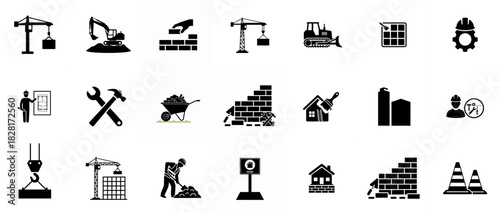 Build and construction icon element set. Containing crane, building, land, excavator, maintenance, contractor, worker, architecture and more. Solid icons vector collection.