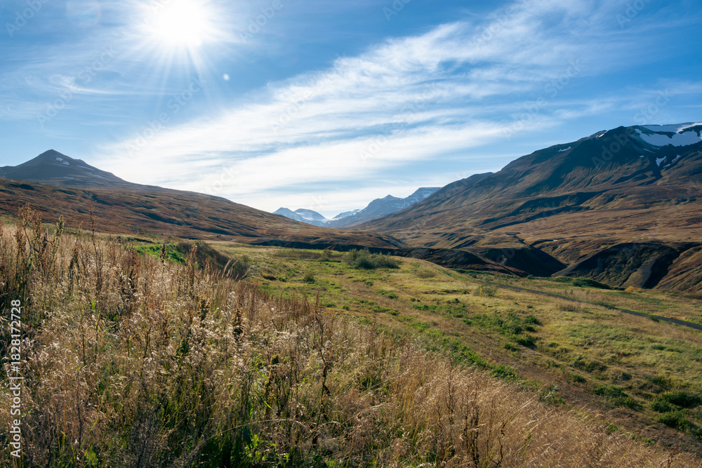 Fototapeta premium Mountain landscape with grass and blue sky. Caucasus, Russia.