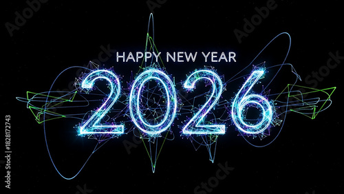 Happy new year 2026 glowing digital particle effect