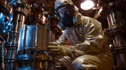 A worker in a full protective suit carefully handles a container of uranium hexafluoride gas before enrichment, highlighting strict safety protocols and the controlled environment of nuclear processin