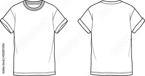 Basic short sleeve t-shirt template, fashion flat sketch, apparel design, crew neck tee, technical drawing, front and back view
