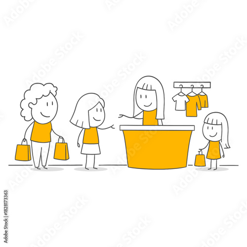 A smiling seller is communicating with customers at the store counter.