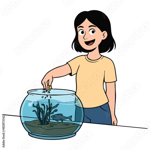 Illustration of a young girl happily feeds her pet fish in a round glass fishbowl