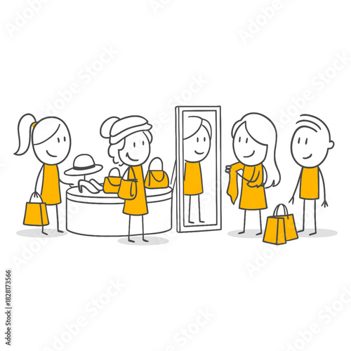 Four Individuals Seeking Opinions While Trying on Clothes in Front of a Mirror in an Apparel Store.