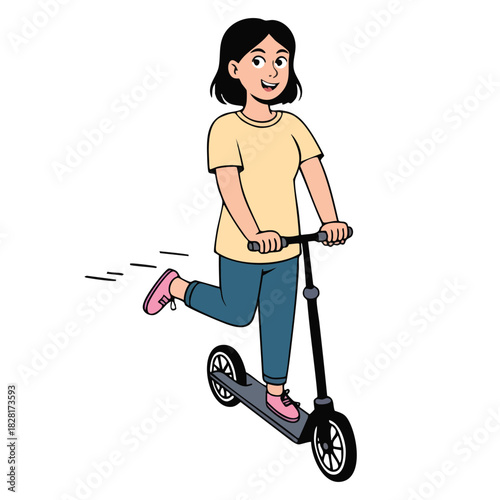 Illustration of young woman happily riding a kick scooter, smiling and in motion