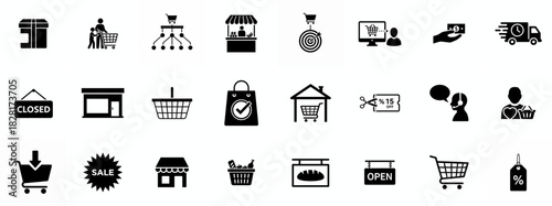 Shopping icon set. Online shopping, store, delivery, promotion and shopping cart symbol. Solid icons vector collection.
