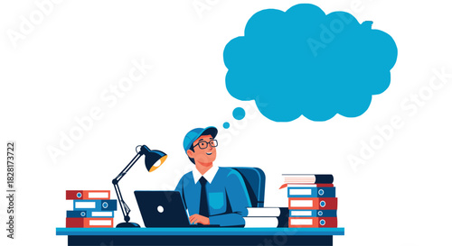 Young businessman sitting at his office desk with a laptop and paperwork dreaming up new ideas in a large thought bubble.