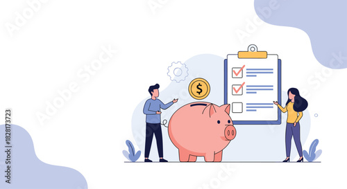 Couple planning their financial budget and saving money for the future by putting a gold coin into a large pink piggy bank.