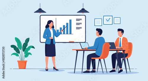 Businesswoman leads a meeting pointing to a rising bar chart on a whiteboard explaining company growth to two male colleagues with laptops.