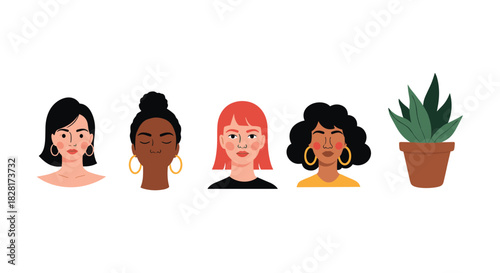Set of diverse female portraits with different ethnicities and hairstyles alongside a potted succulent plant illustration.