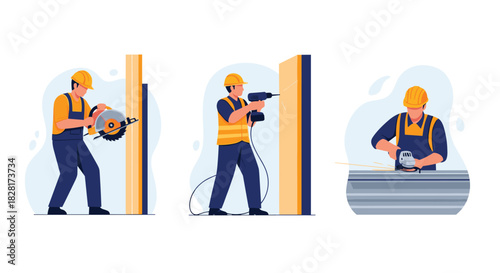 Collection of illustrations showing a construction worker in a hard hat using a circular saw a drill and a sander on site.