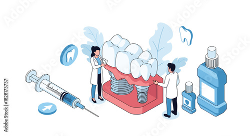 Two miniature dentists in white coats examine a large anatomical model of a dental implant with a screw showing a dental procedure.