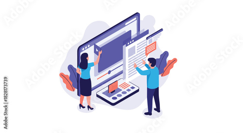 Man and woman collaborate on creating and optimizing a responsive website design for both desktop computer and mobile phone screens.