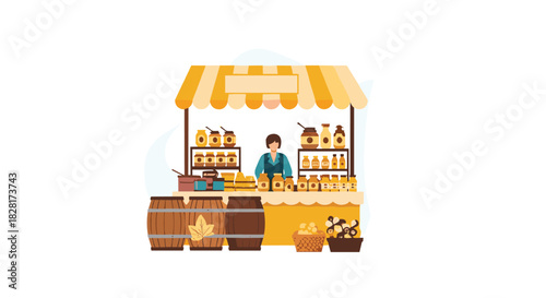 Female vendor stands at a colorful farmers market stall selling a variety of natural and organic honey products in jars and on shelves.