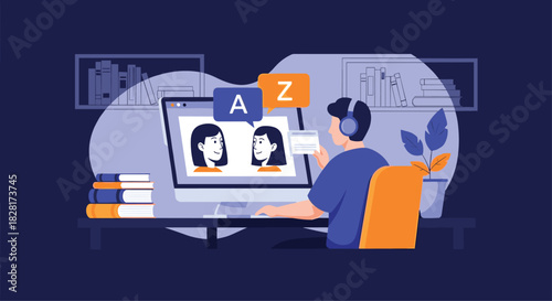 Young man with headphones studies a new foreign language online through a video call on his computer with two female language tutors.