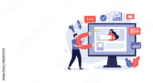 Businessman uses a giant red magnet to attract new customers and generate leads online for his business as a marketing metaphor.