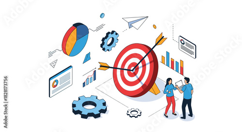 Business people stand beside a large target with arrows hitting the bullseye symbolizing achieving goals and business success.