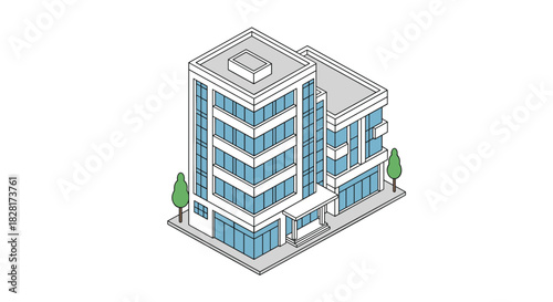 Isometric illustration of a modern multi-story office building with a glass facade representing a corporate headquarters or commercial real estate.