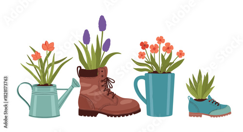 Creative and eco-friendly gardening concept with colorful flowers and green plants growing in repurposed items like a boot shoe and mug.