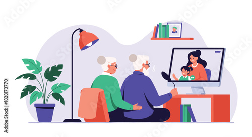 Elderly couple sits together at home using a desktop computer for a video call to connect with their daughter and young grandson.