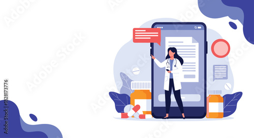 Female doctor with a stethoscope holds a phone to show an online medical prescription on a large screen surrounded by pills and medicine.