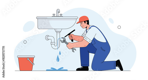 Professional plumber in uniform kneels on the floor to repair a leaking pipe under a bathroom sink using a wrench to fix the problem.