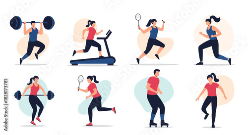 Set of people engaged in various fitness activities and sports including weightlifting running on a treadmill jogging and playing badminton.