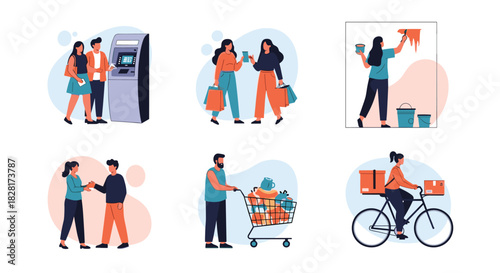 Set of six illustrations showing people in everyday life situations like shopping using an ATM painting a wall and food delivery.