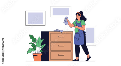 Woman wearing an apron and gloves is happily cleaning a wooden dresser with a cloth and spray bottle in a minimalist room setting.